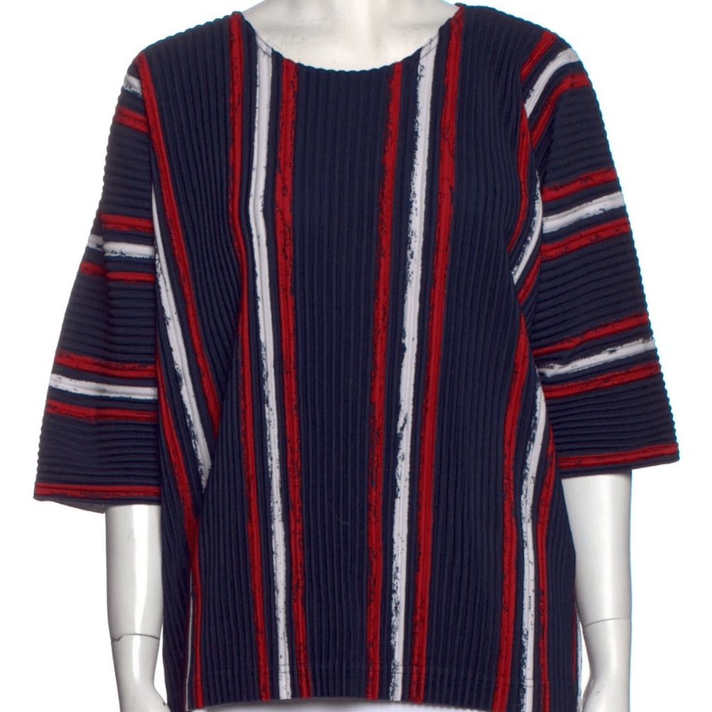 HOMME PLISSÉ ISSEY MIYAKE Striped Bateau Neckline Blouse, Striped Wide Leg Pants